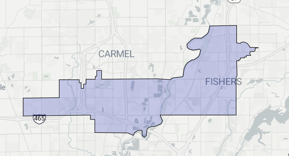 Map showing the boundaries of the Fishers and Carmel areas.
