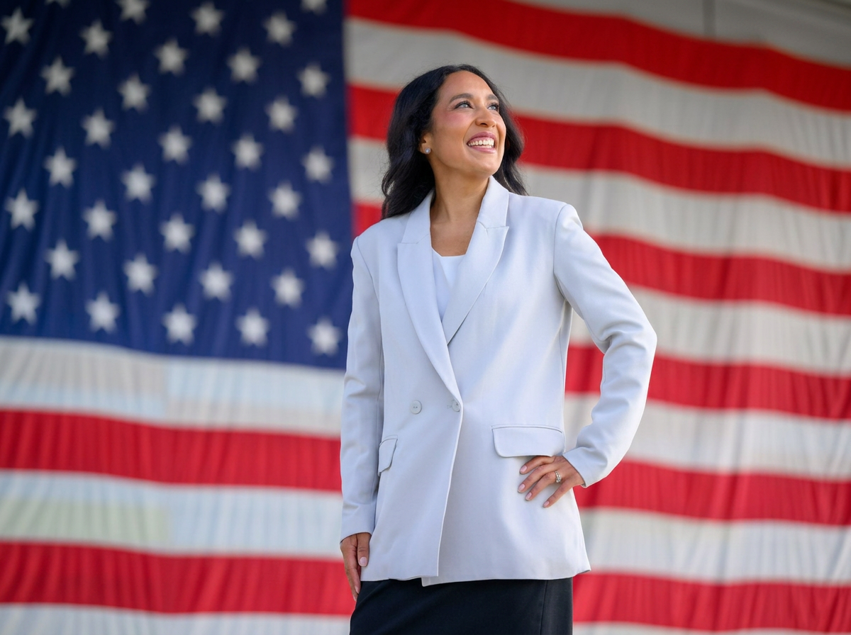 A woman with black hair, wearing a white blazer and a black skirt, standing in front of a large American flag, smiling and looking upwards.
