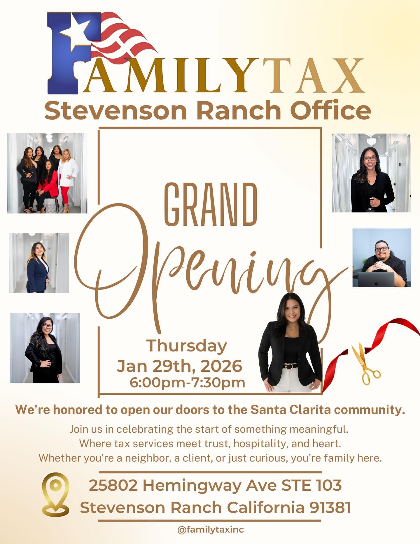 🎉 GRAND OPENING &mdash; Stevenson Ranch! 🎉
Family Tax is officially expanding, and we&rsquo;re so honored to open our doors to the Santa Clarita community. 🤍

Join us for an evening of celebration as we introduce our newest office&mdash;built on t