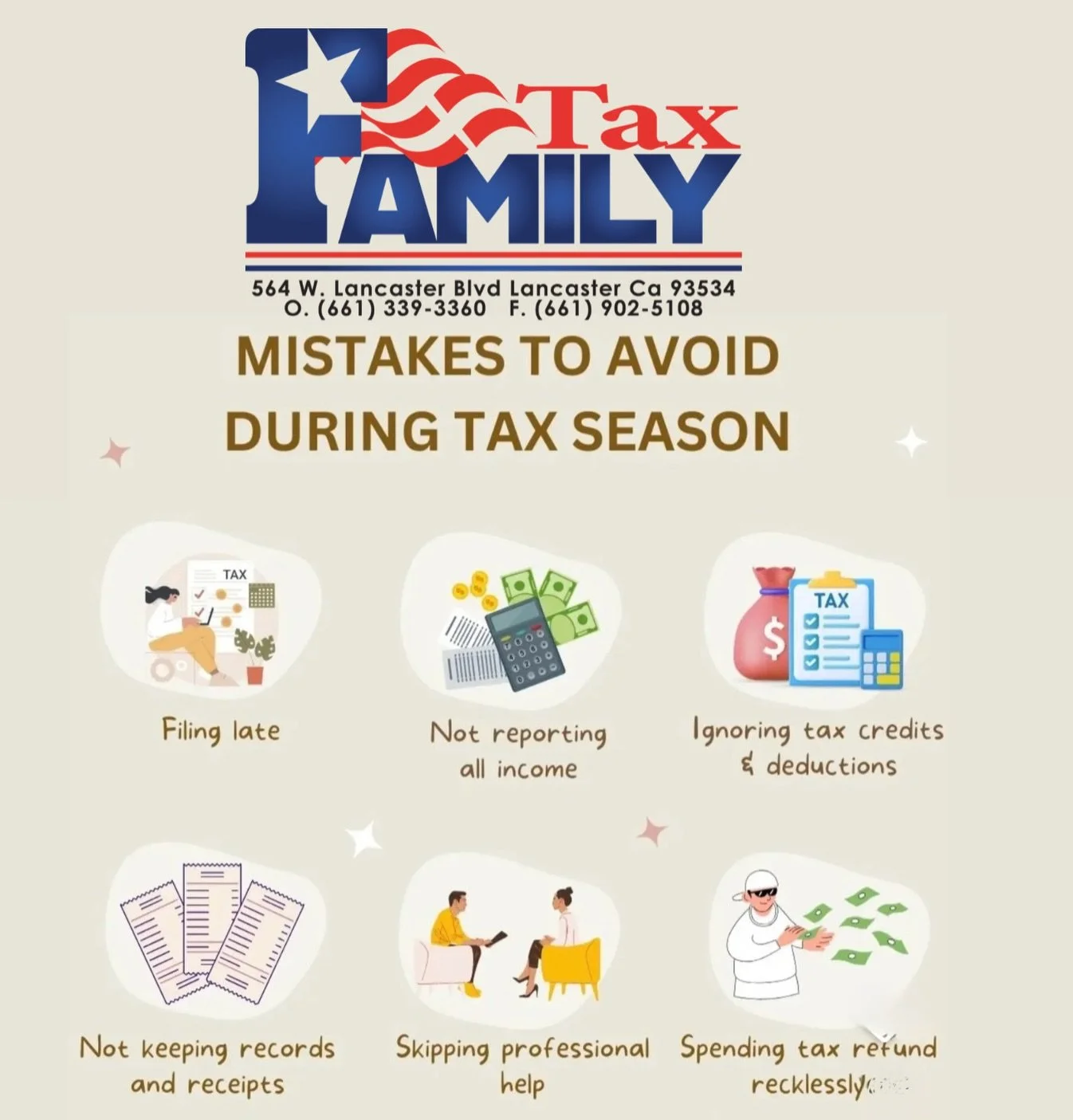 🚨 Tax Season Tip: Avoid these common mistakes that can cost you money, delay your refund, or trigger IRS notices.
✅ File on time
✅ Report all income
✅ Don&rsquo;t miss credits &amp; deductions
✅ Keep your records organized
✅ Get professional guidanc