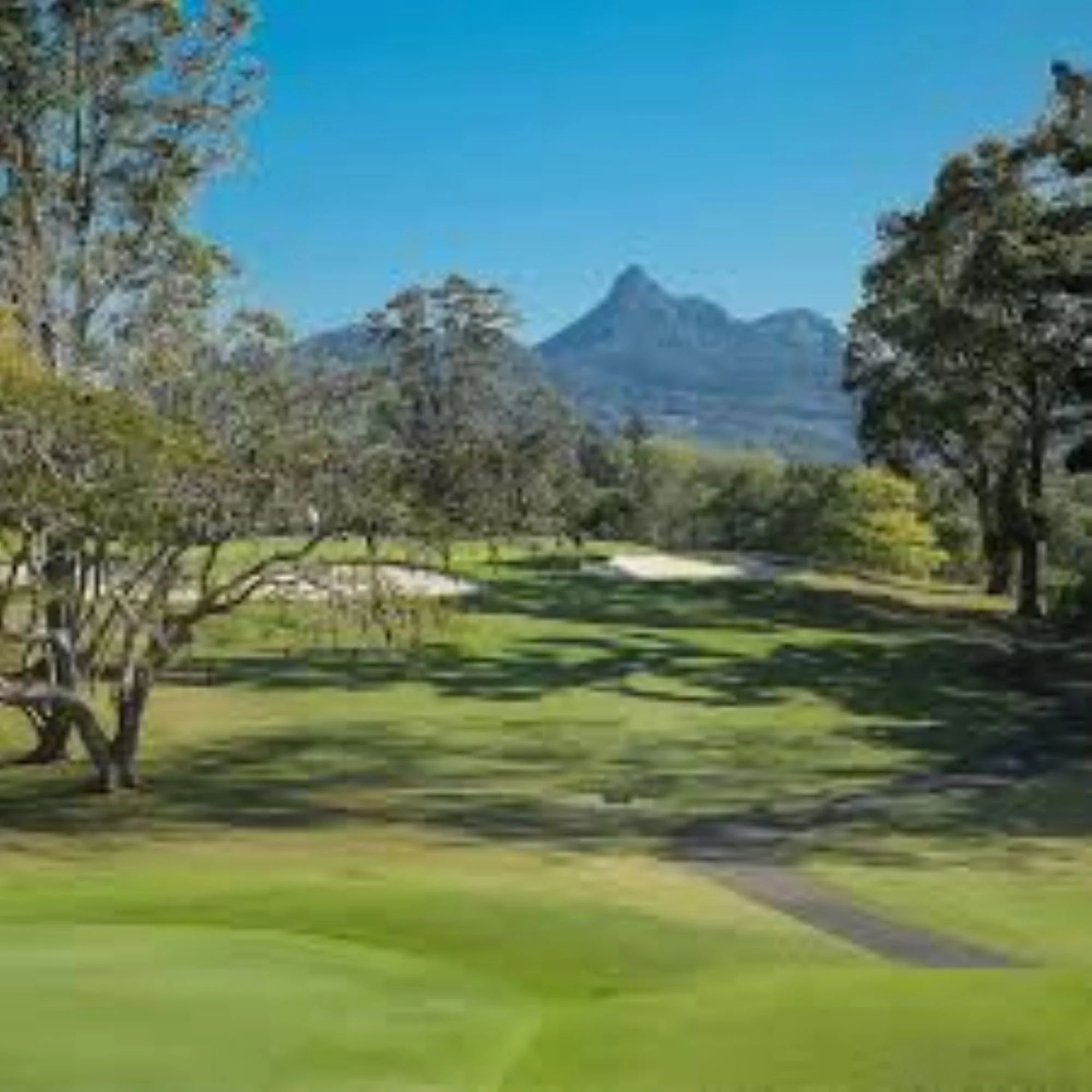 Scenic golf course with trees and mountain in background