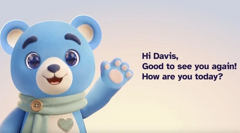 Norbert Health's 3D teddy bear. Text: Hi Davis, Good to see you again. How are you today?