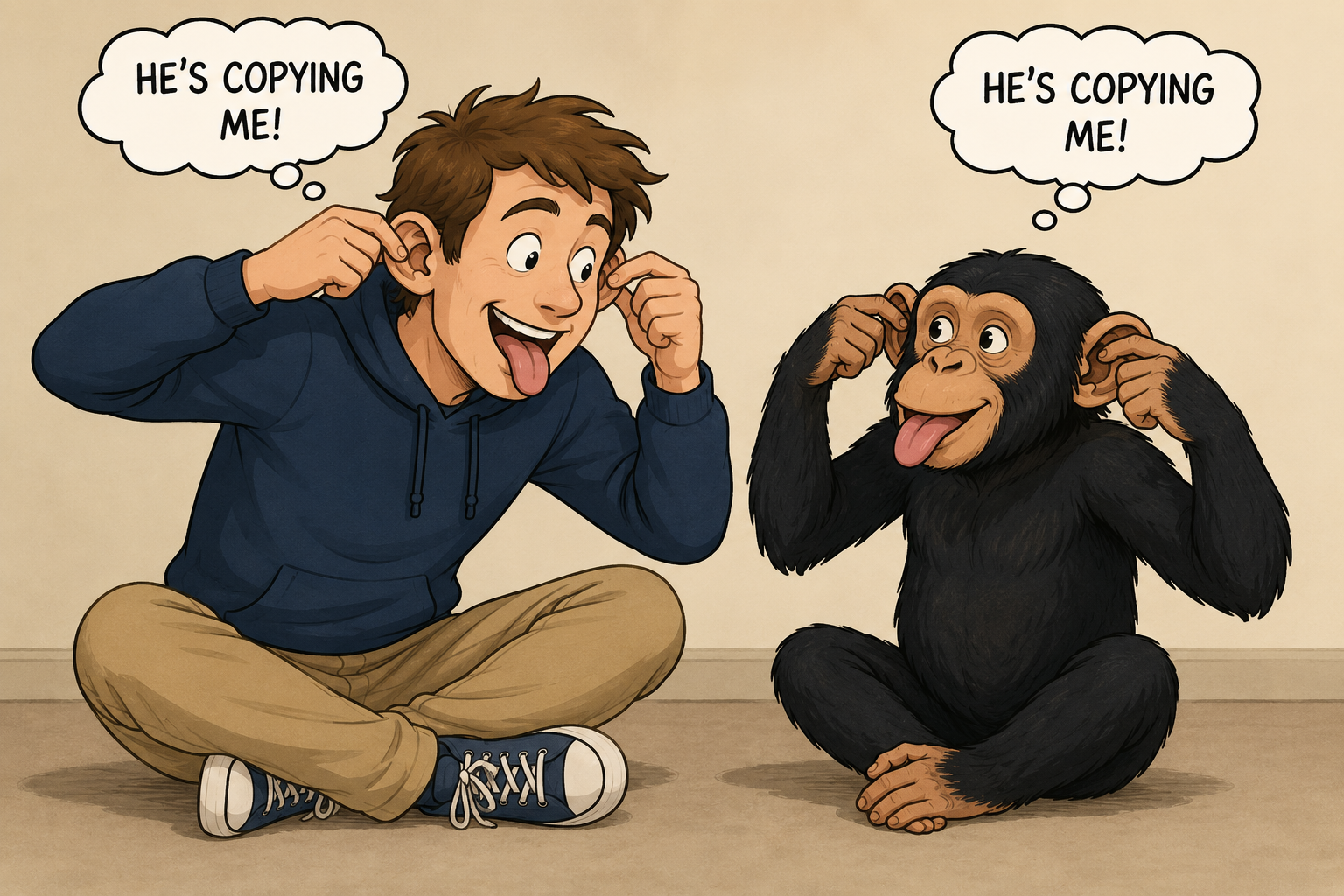 cartoon image of a young man and a chimp imitating each other