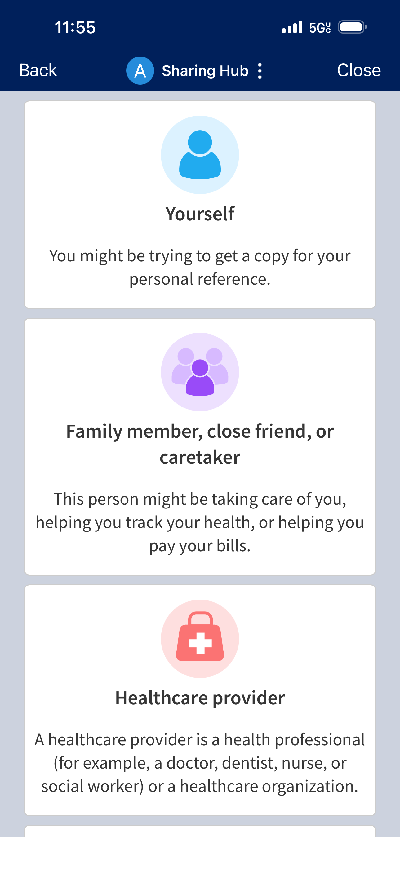 MyChart select a caregiver screen 1
