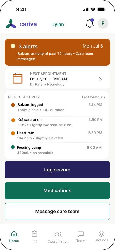 home screen from prototype of Caria caregiver app
