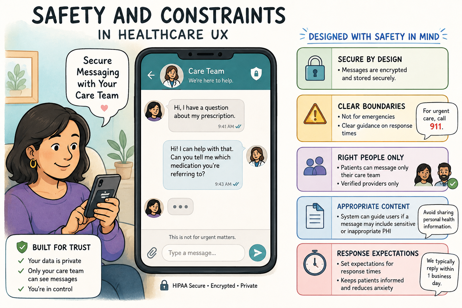 cartoon image illustrating safety and constraints in building a healthcare messaging feature