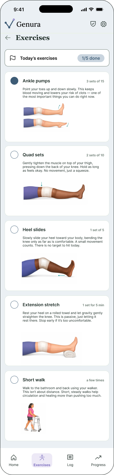 exercises screen of Genura prototype