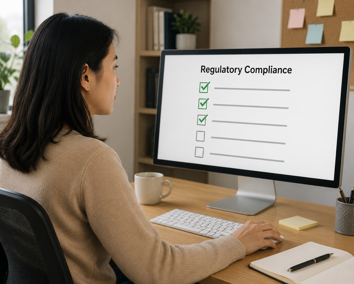 Asian woman sitting in front of a computer screen showing a checklist for regulatory compliance