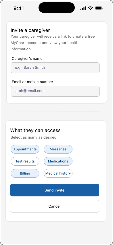 Improved MyChart Invite a Caregiver screen