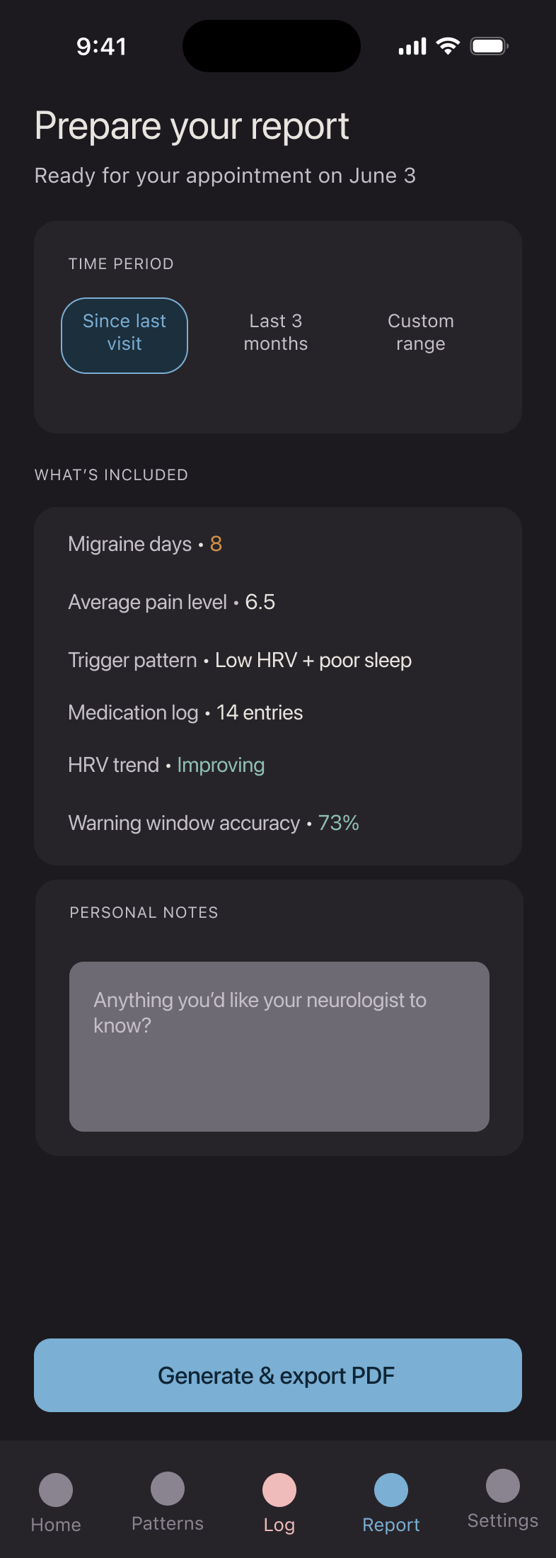 Droma report-generation screen