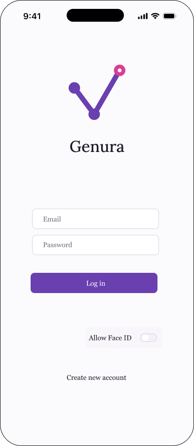 log-in screen for Genura knee recovery prototype