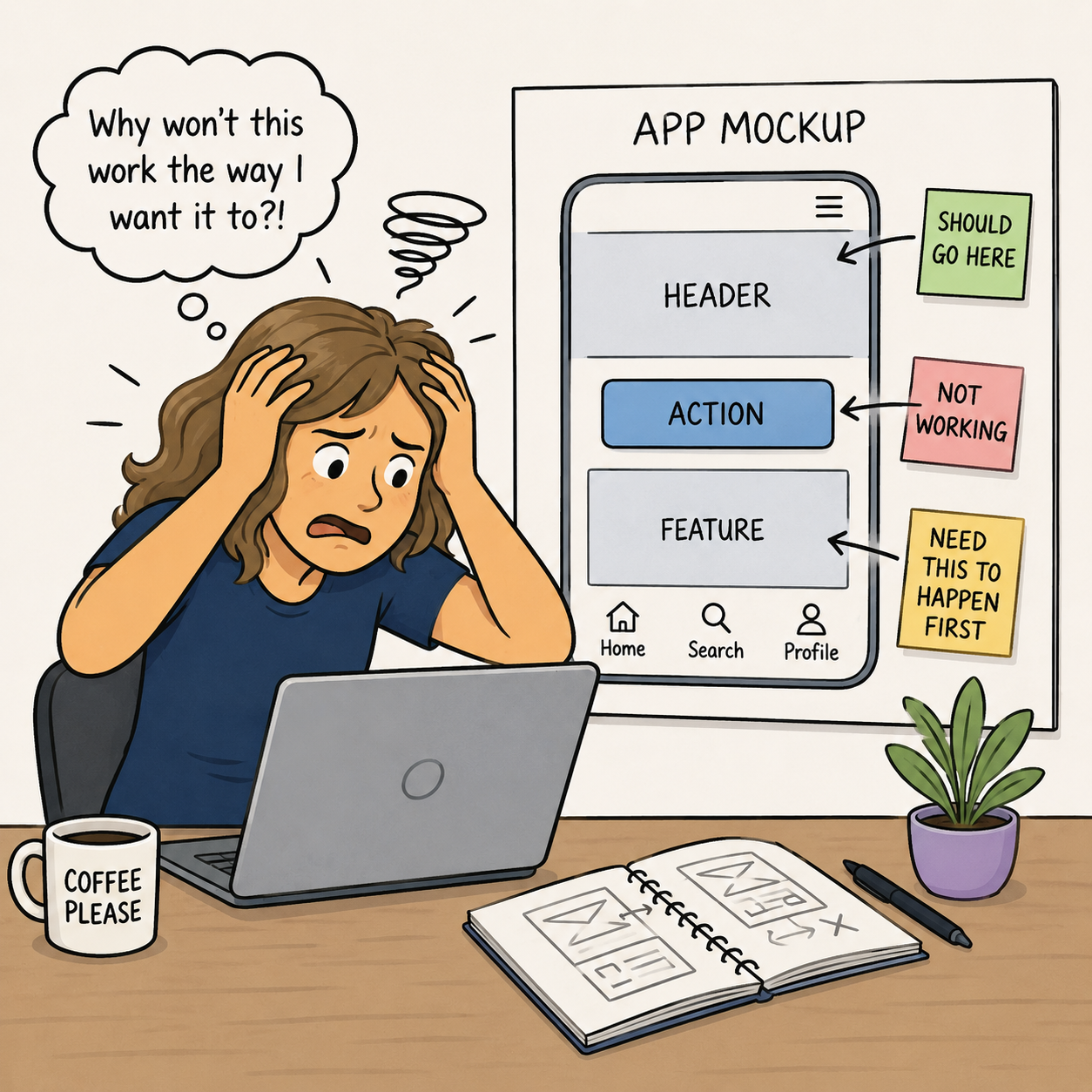 cartoon of a frustrated woman at a computer -- confused with a mockup app
