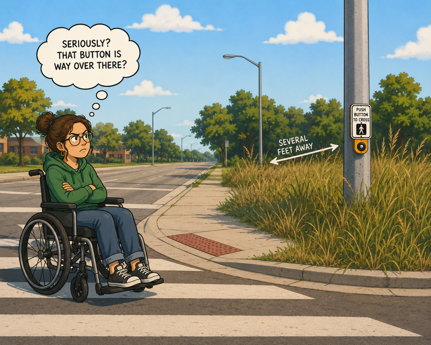 cartoon image of a woman in a wheelchair frustrated that the crosswalk button is several feet away in tall grass