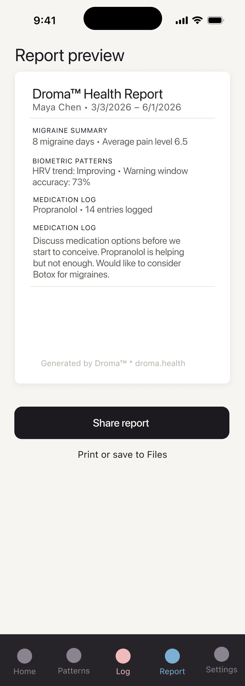 Droma report preview screen