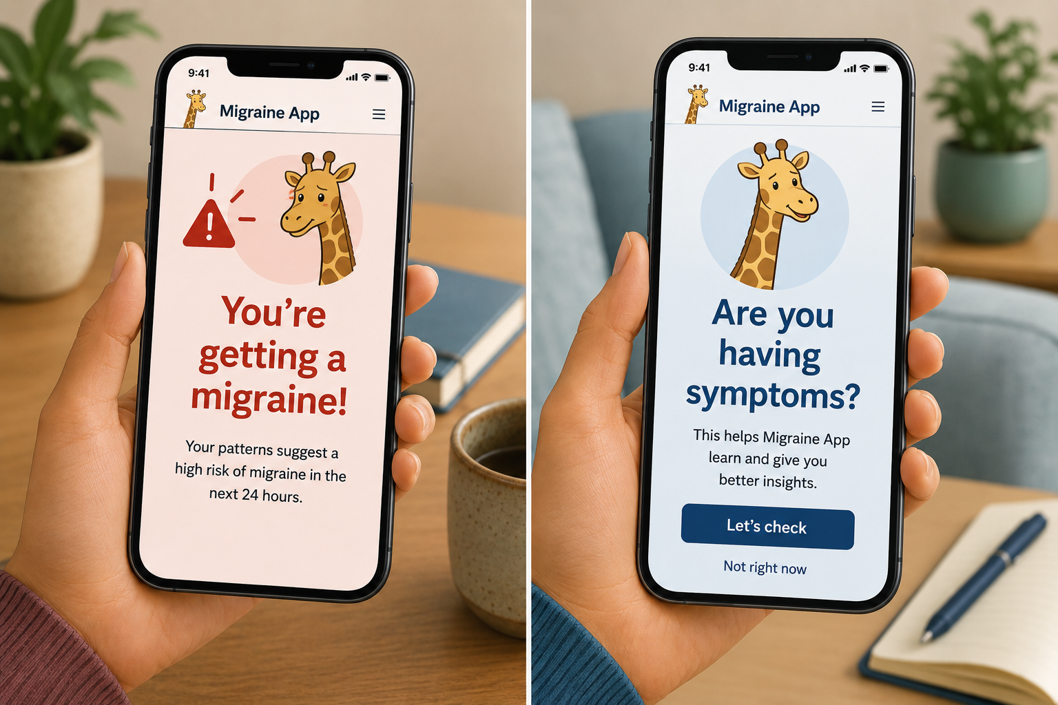 left of image: fake migraine app screaming "you're getting a migraine!" Right side of image: fake migraine app calmly asking "Are you having symptoms?"