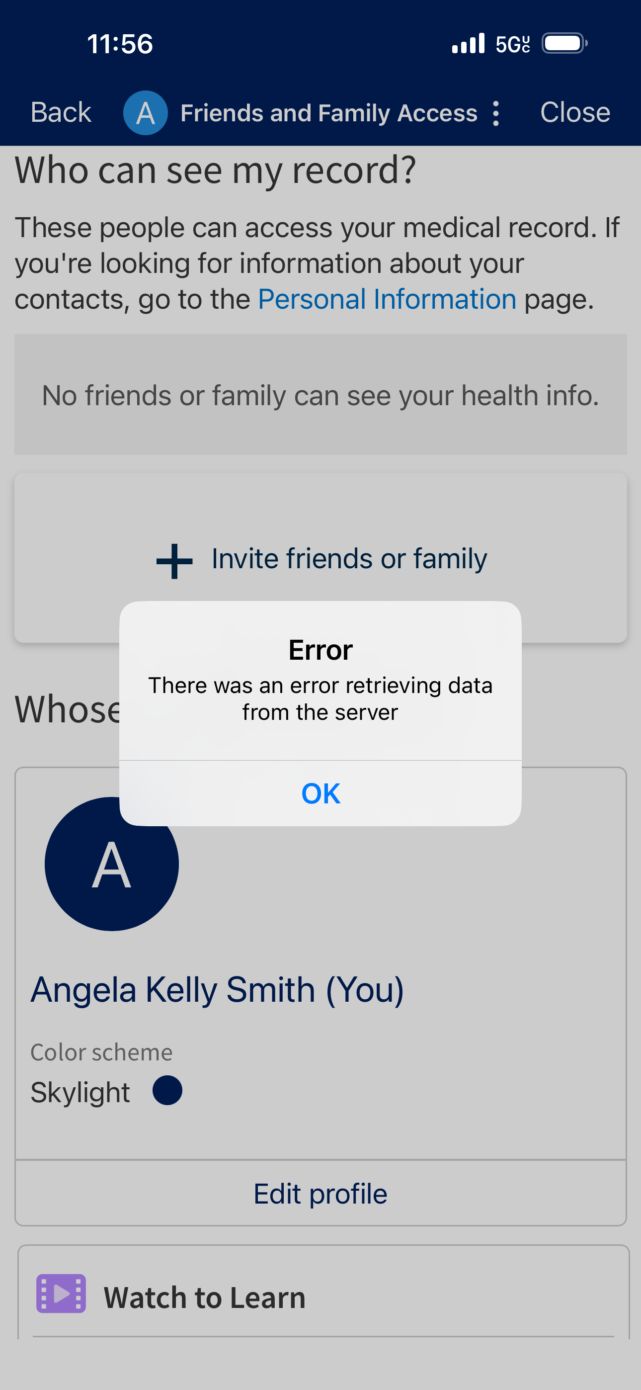 MyChart sharing hub error message