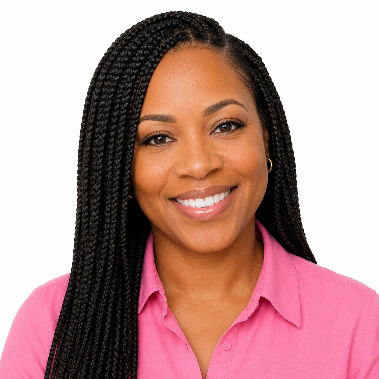 30-something Black woman with long braids and pink collared shirt