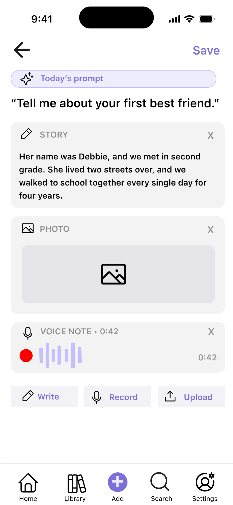 Life add a memory screen