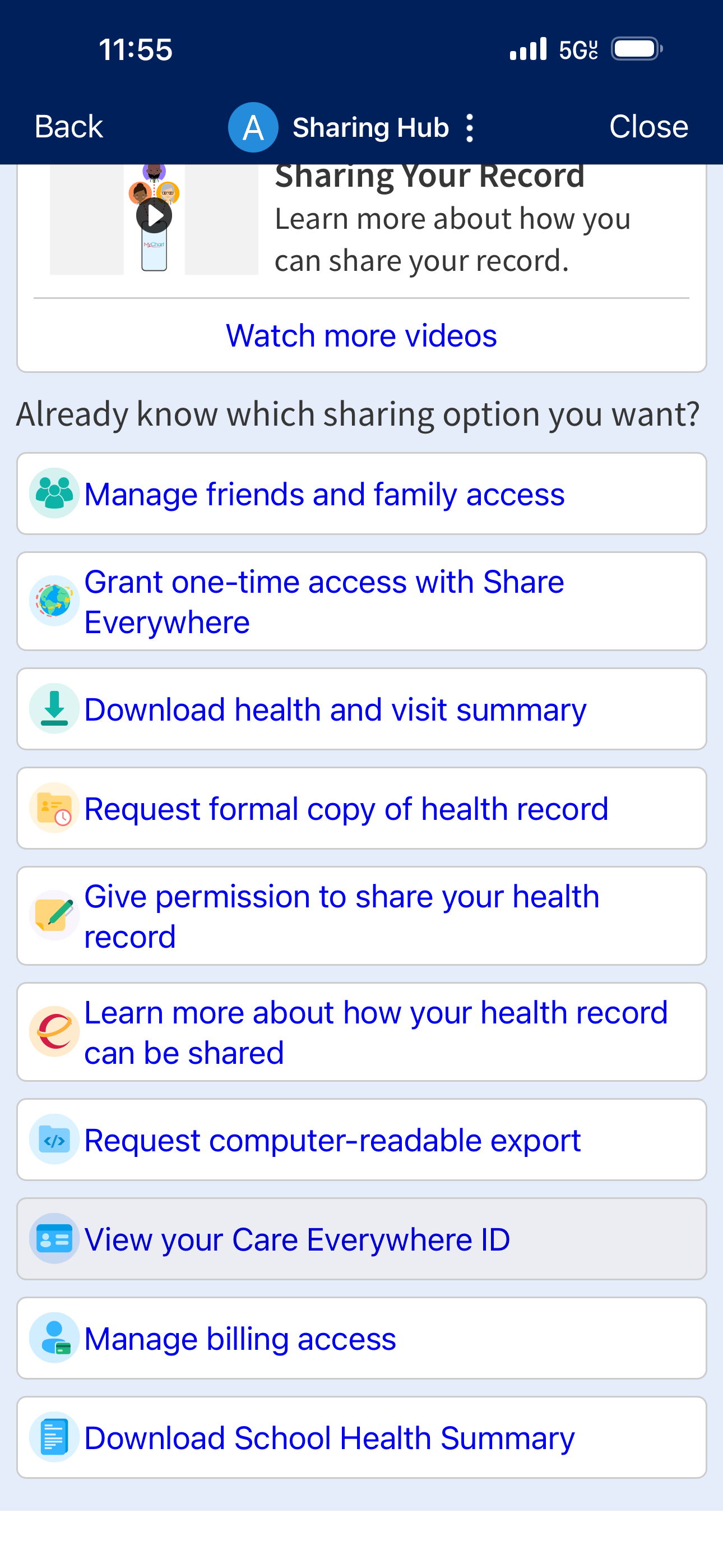 screenshot of MyChart's sharing hub