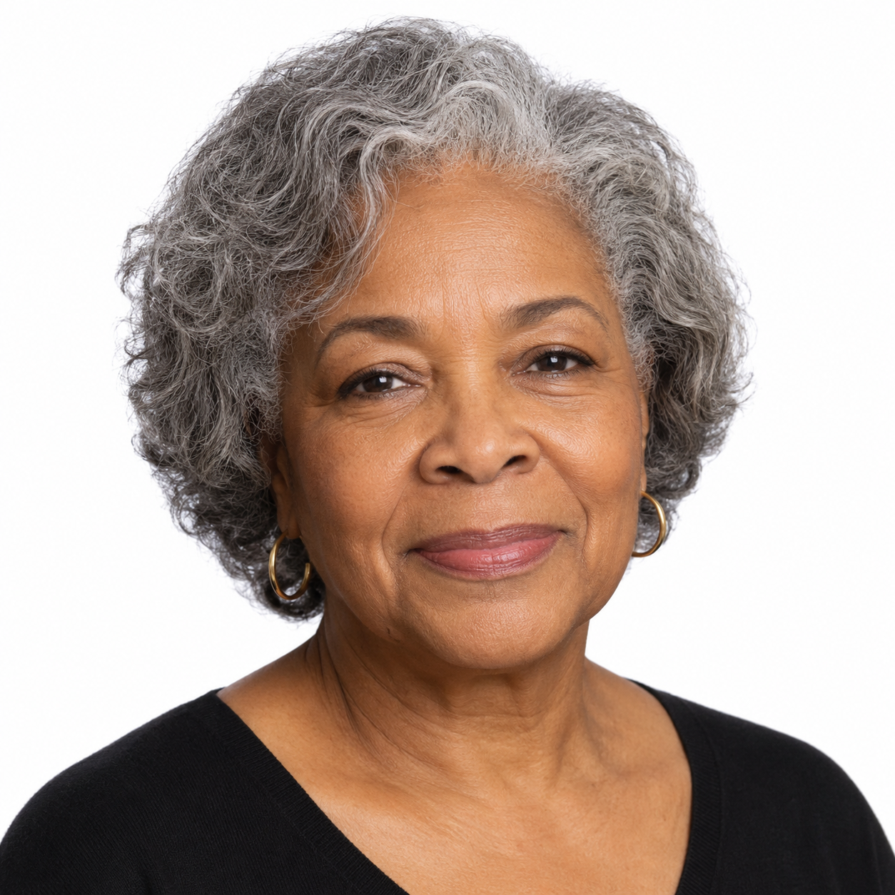 60-something Black woman with chin-length grey hair