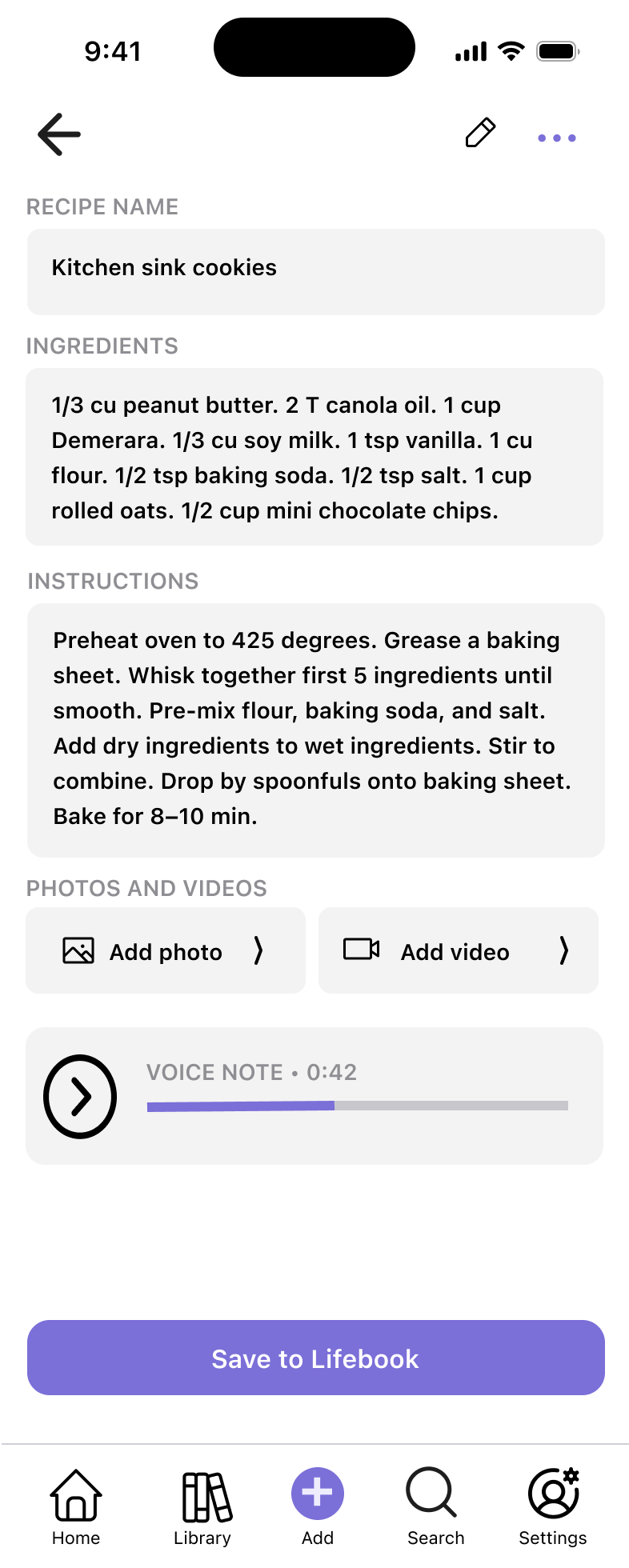 Lifebook recipe screen