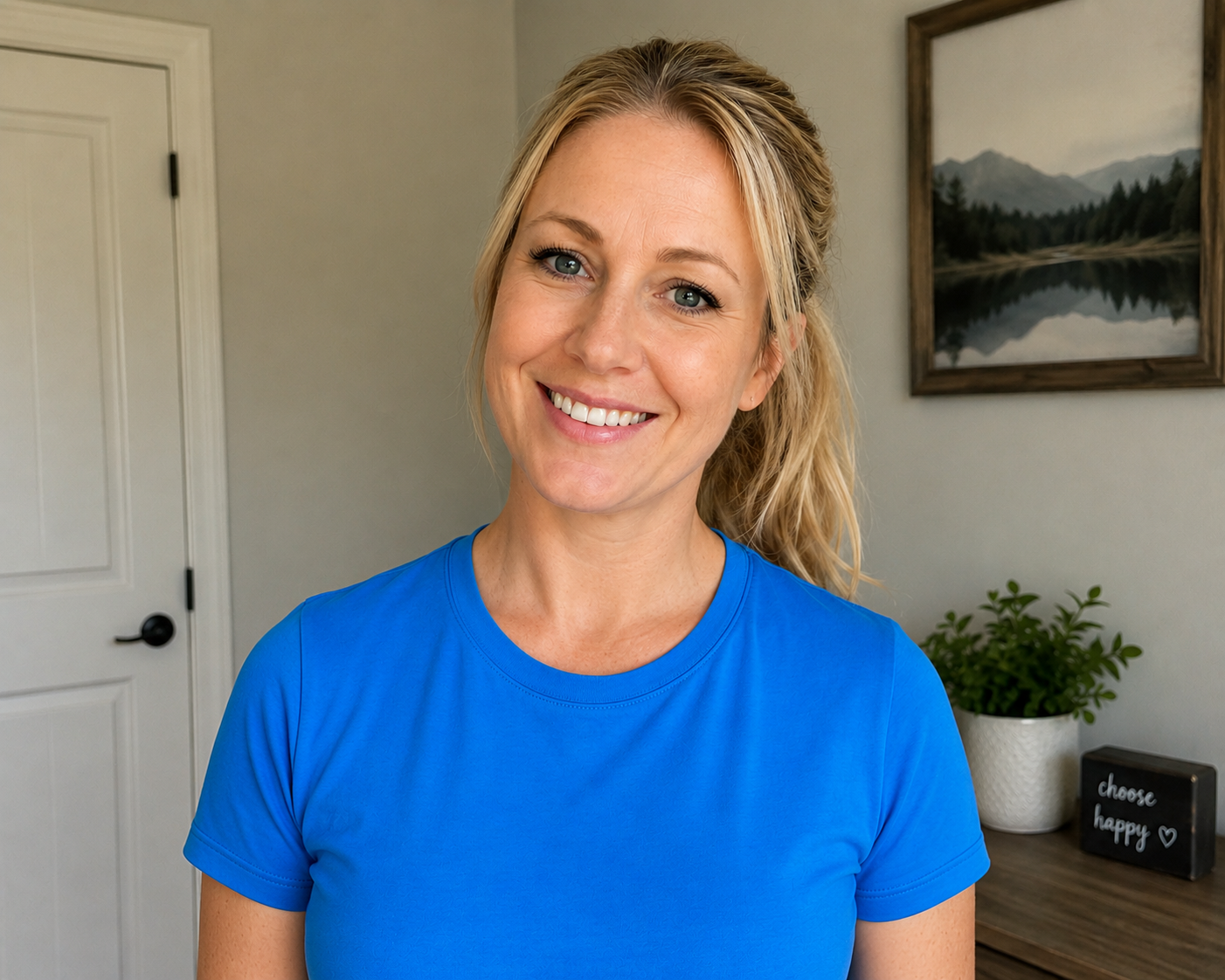 30-something white woman with a ponytail