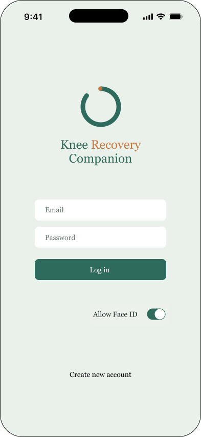 login screen for Knee Recovery Companion app
