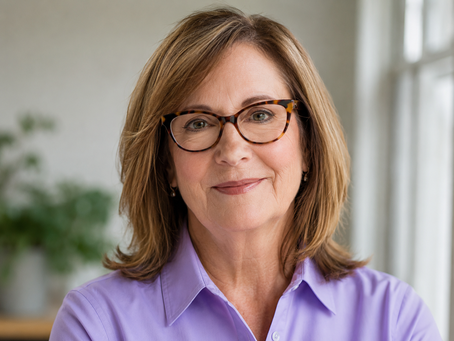 middle-aged white woman with shoulder-length brown hair, lavender shirt, glasses