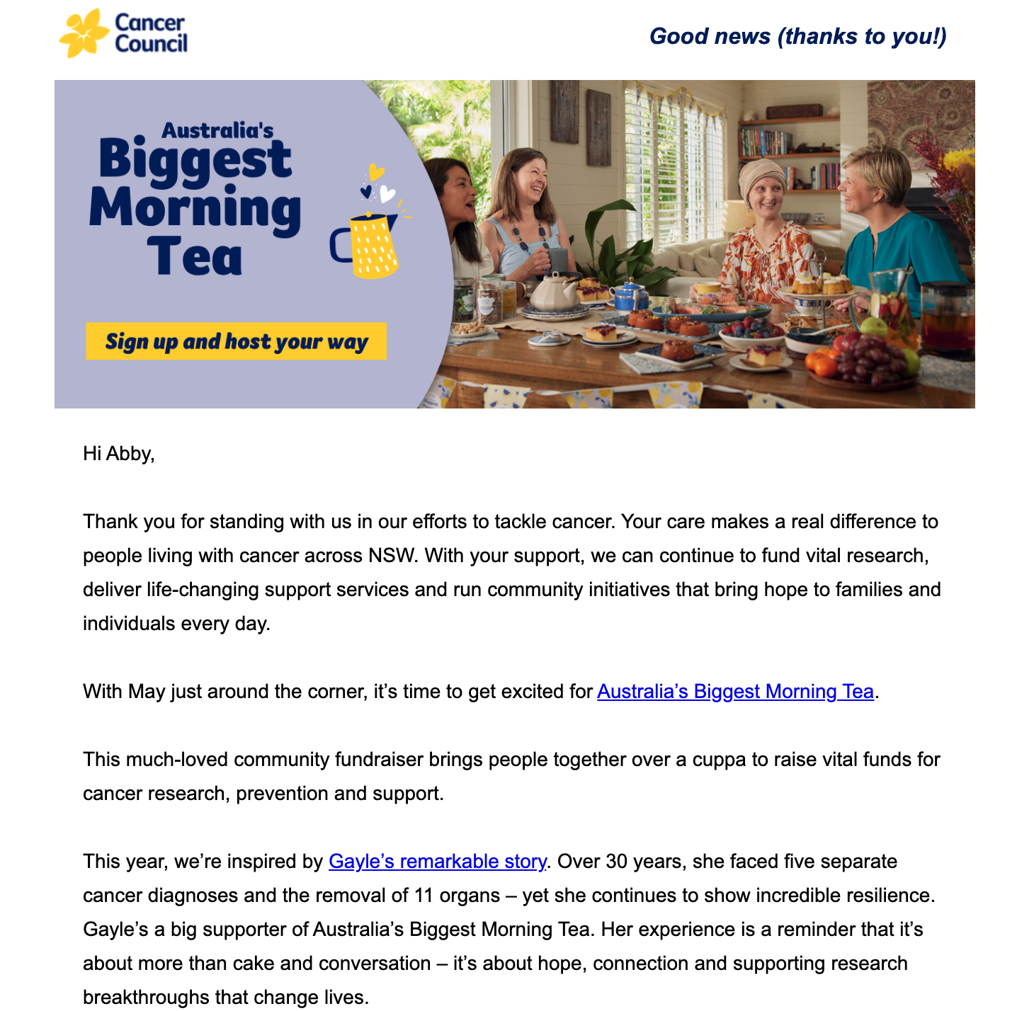 Cancer Council NSW April 2026 supporter newsletter/EDM
