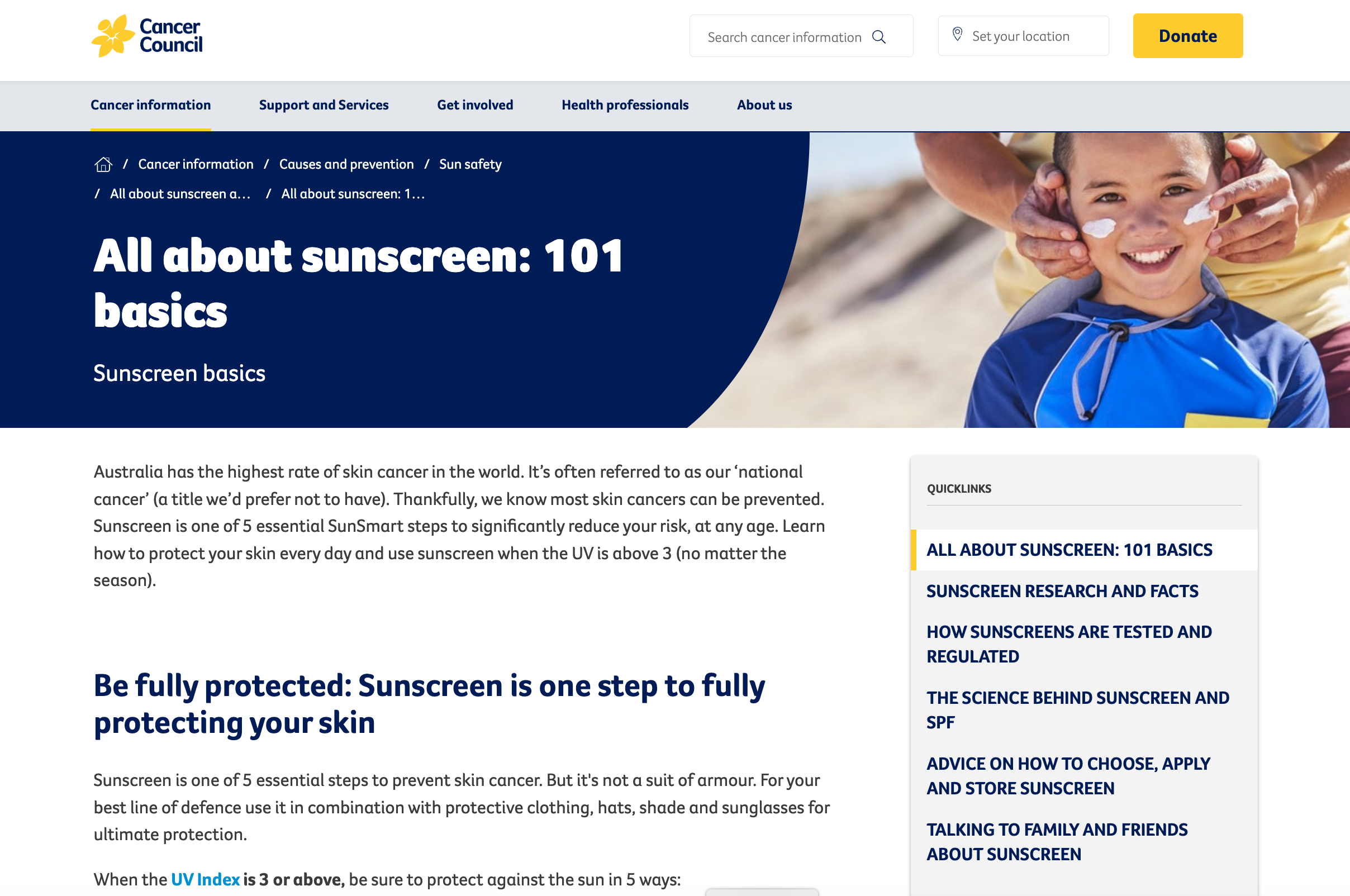 Cancer Council Australia Sunscreen 101 basics web pages