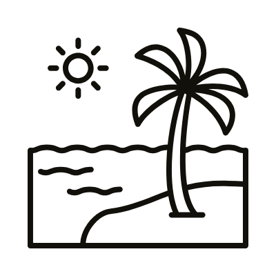 Simplified illustration of a beach with a sun, a palm tree, and water.