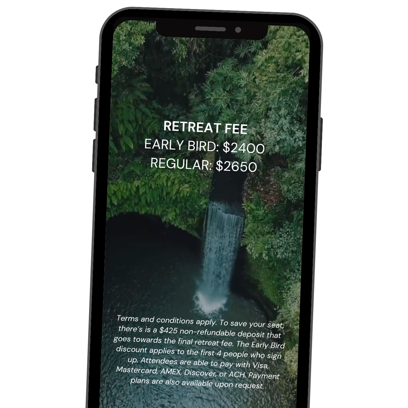 Mobile phone screen displaying retreat fee information with details about early bird and regular prices, and a scenic waterfall background.