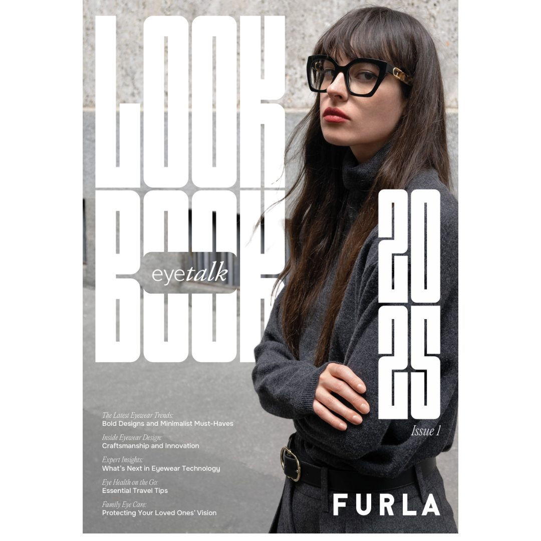 Fashion magazine cover featuring a woman with long brown hair, black glasses, and gray clothing, standing against an urban background. The cover includes headlines about eyewear trends, design, technology, eye health, and family eye care, with the title 'Loud and Bold 20/20' and the issue number 1, published by FURLA.