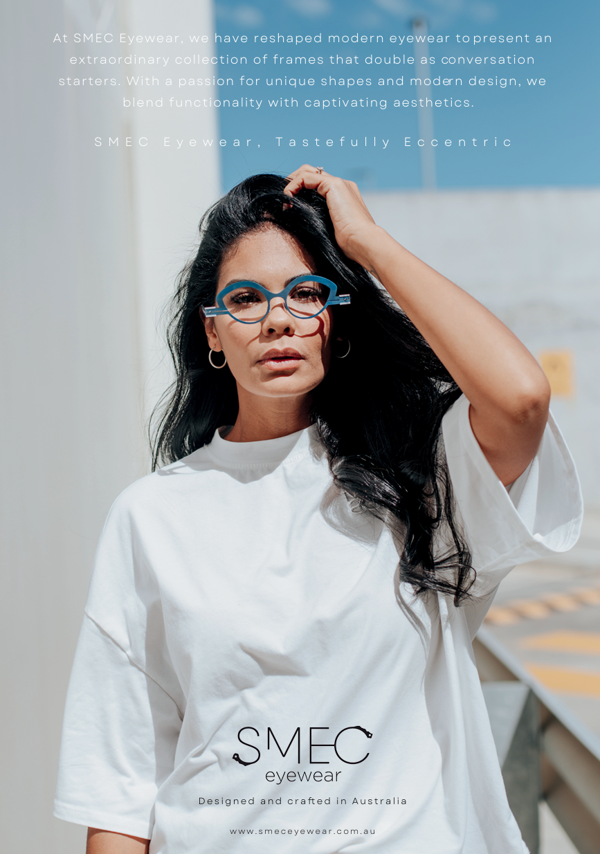 model wearing smec handmade eyewear brand