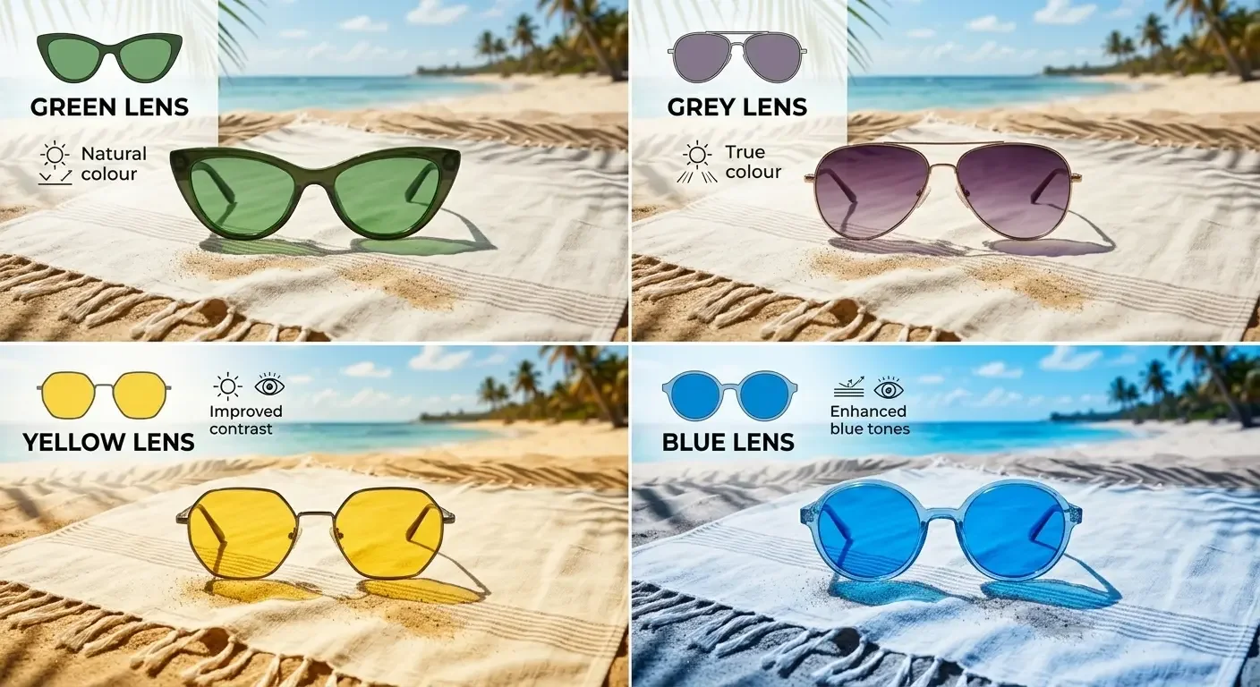beach scene viewed through different coloured sunglasses lenses