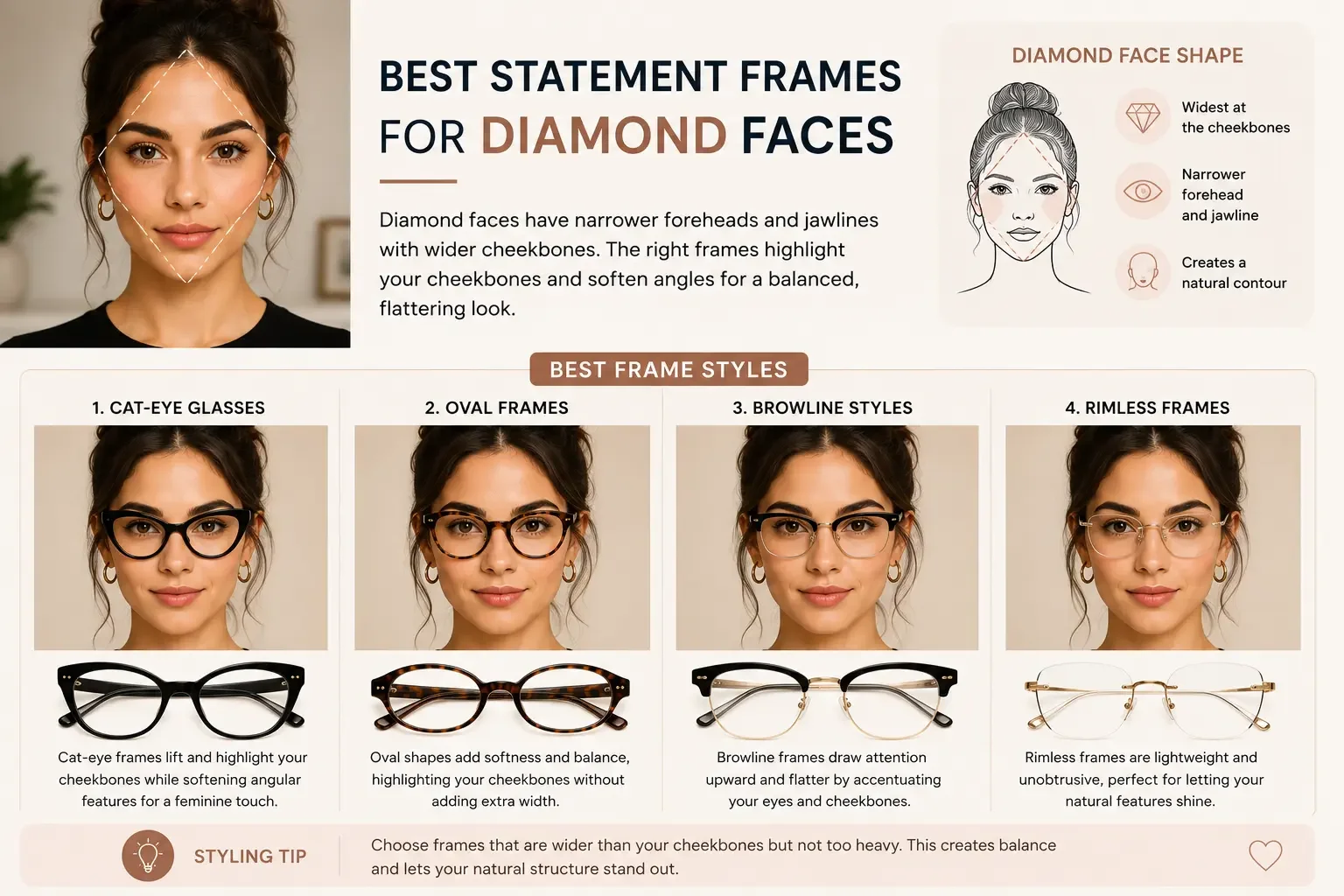 Best Statement Frames for Diamond Faces shapes