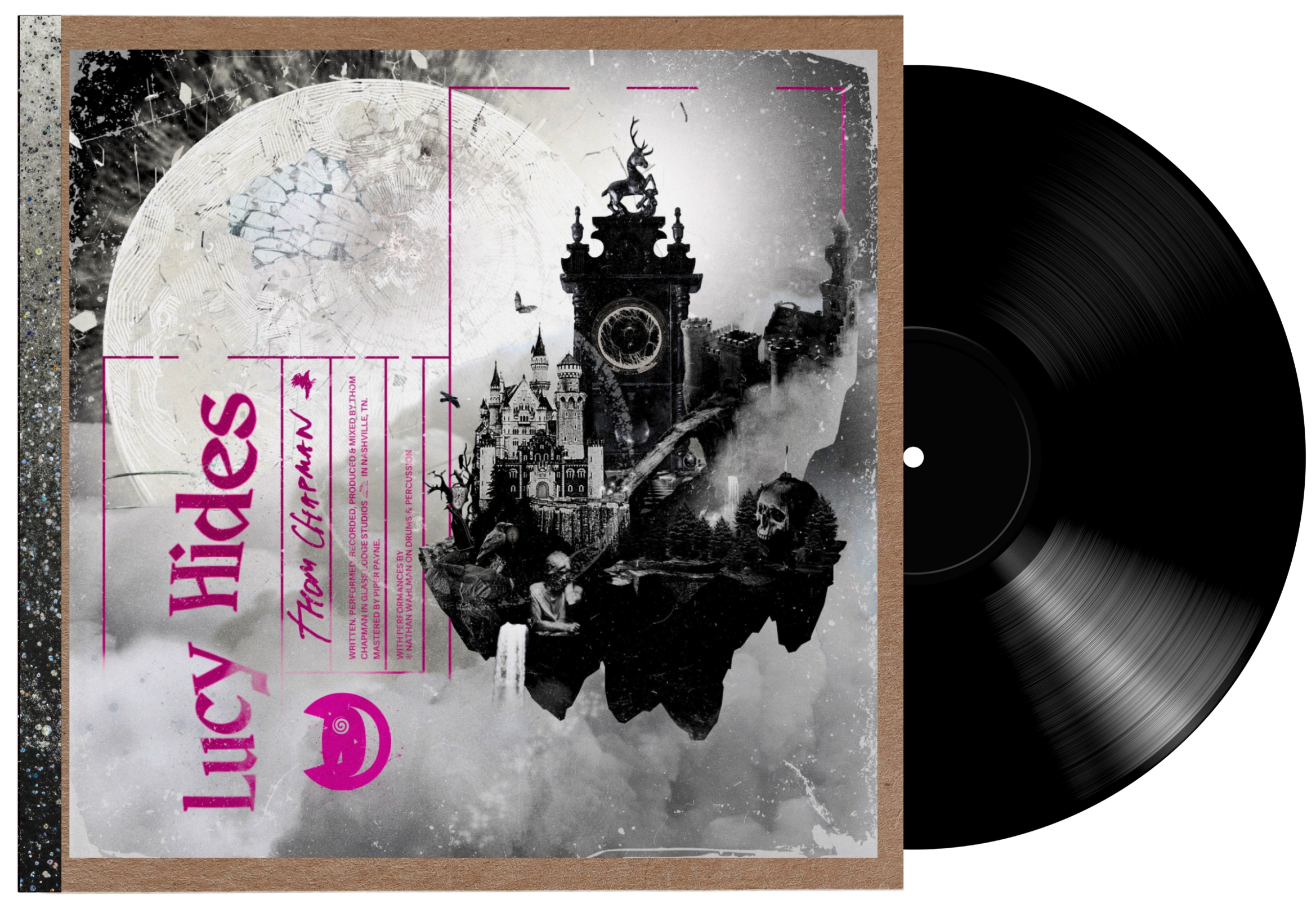 Album cover for 'Lucy's Hide' by Thay Charter, featuring a fantasy scene with a floating island with a castle, a clock tower with a reindeer statue on top, a skull, and various mythical elements, in black, white, and pink colors.