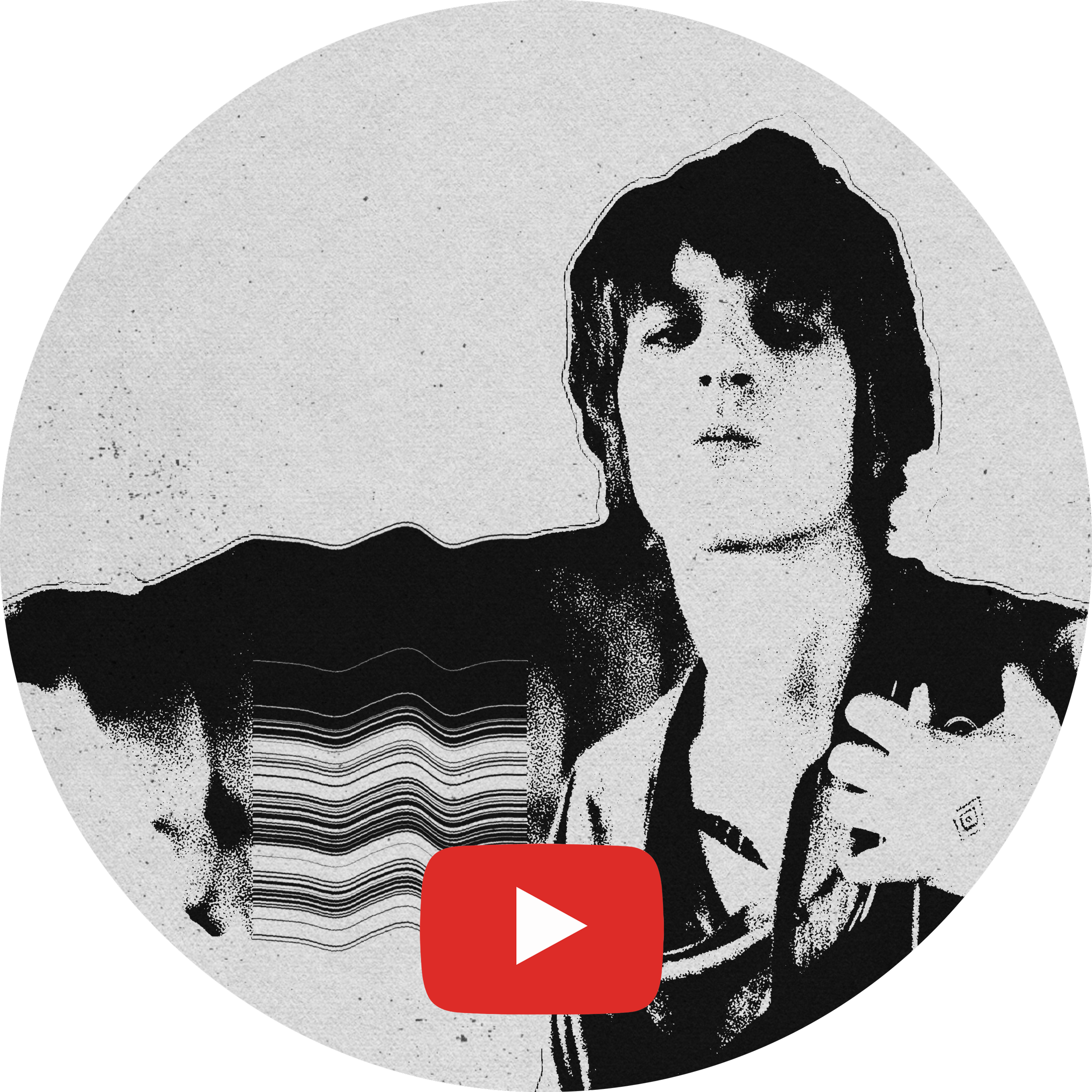 Black and white stylized photo of a young man with medium-length hair, wearing a jacket, making a fist, with a distorted patterned background.