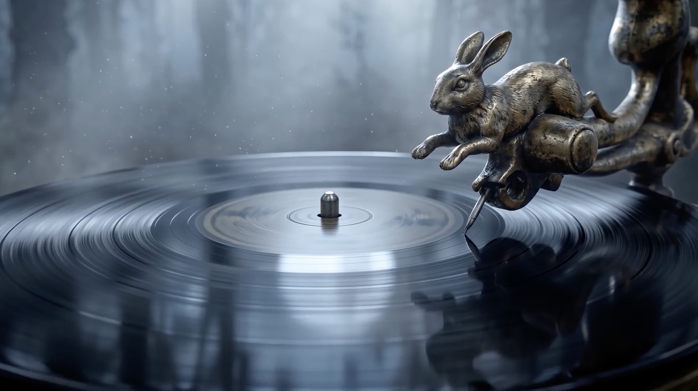 Close-up of a vintage turntable with a rabbit-shaped tonearm, spinning a vinyl record in a misty environment.