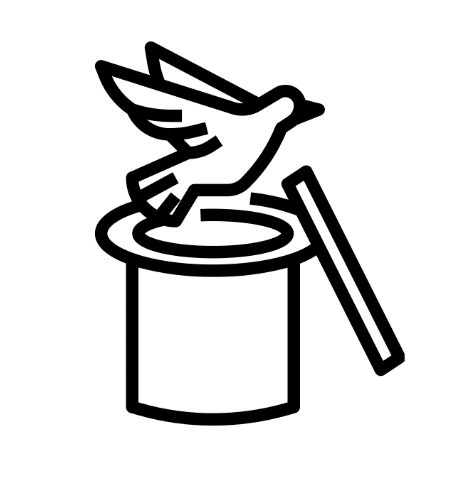 Silhouette of a bird emerging from a magic hat with a wand beside it, in a line drawing style.