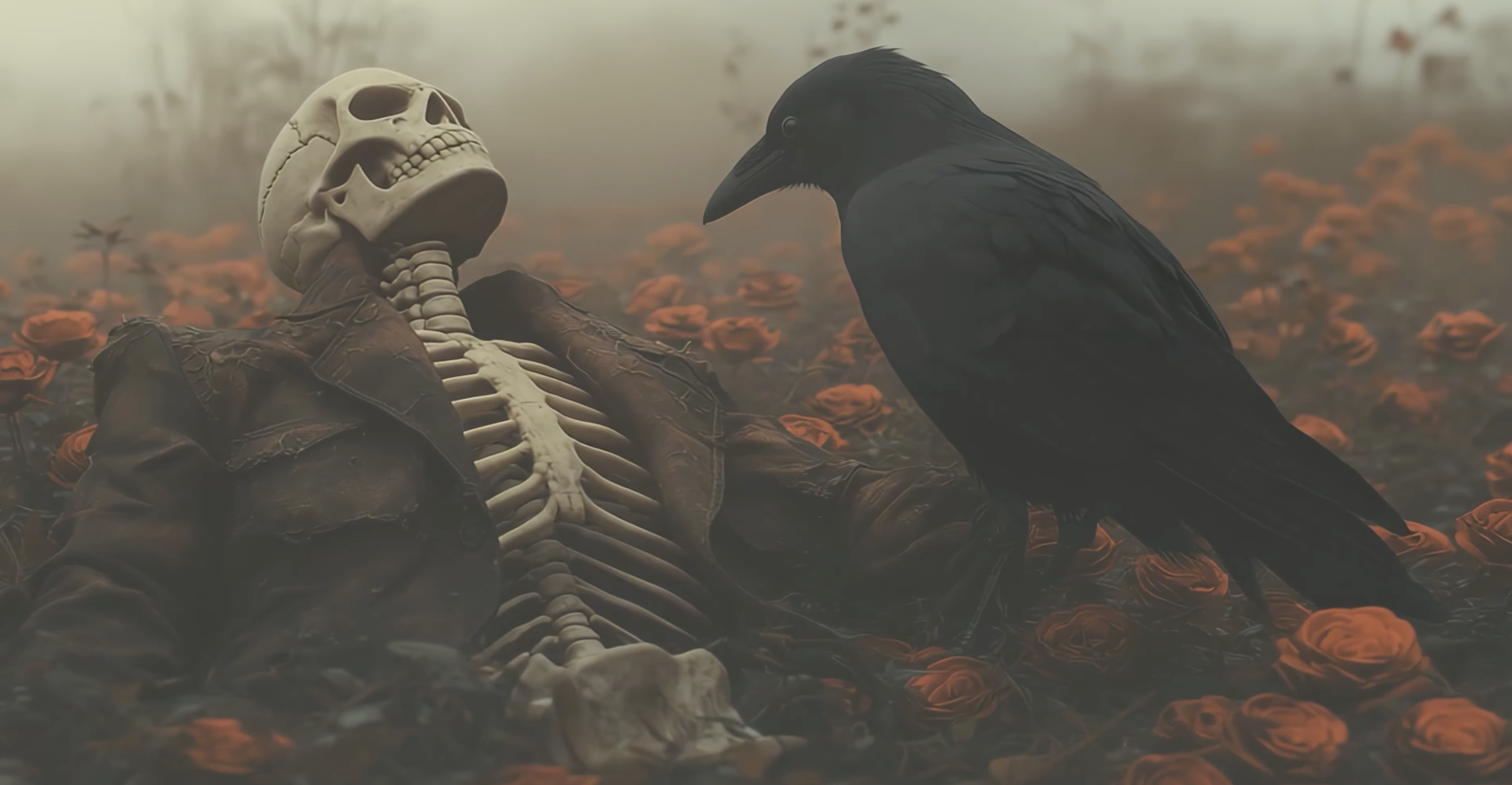 skeleton and raven in a bed of roses in a dense fog