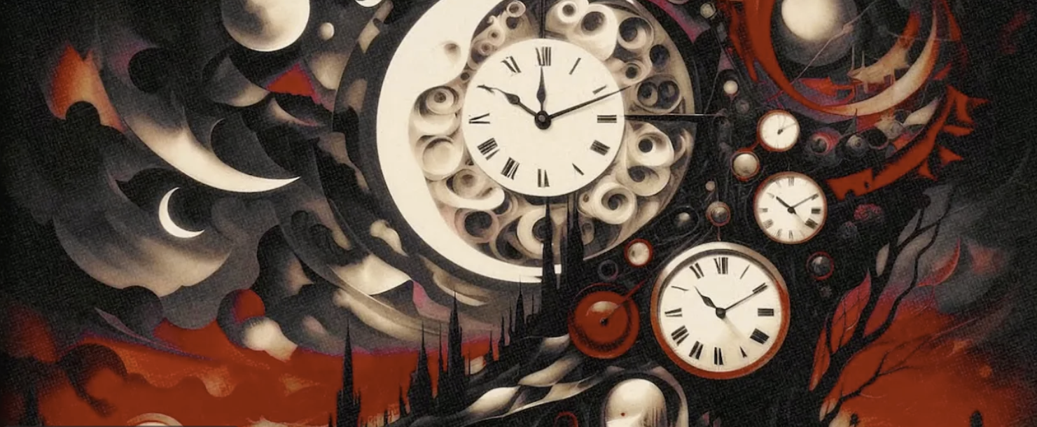 a surrealist tree of time grows exponentially grows in a fever dream landscape