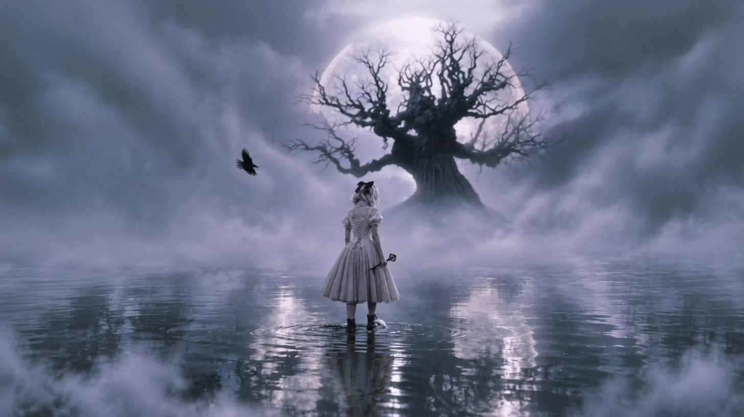 A girl in a vintage dress holding a small key stands in water, looking at a large, barren tree with twisted branches, under a full moon and cloudy sky, with a black bird flying nearby.