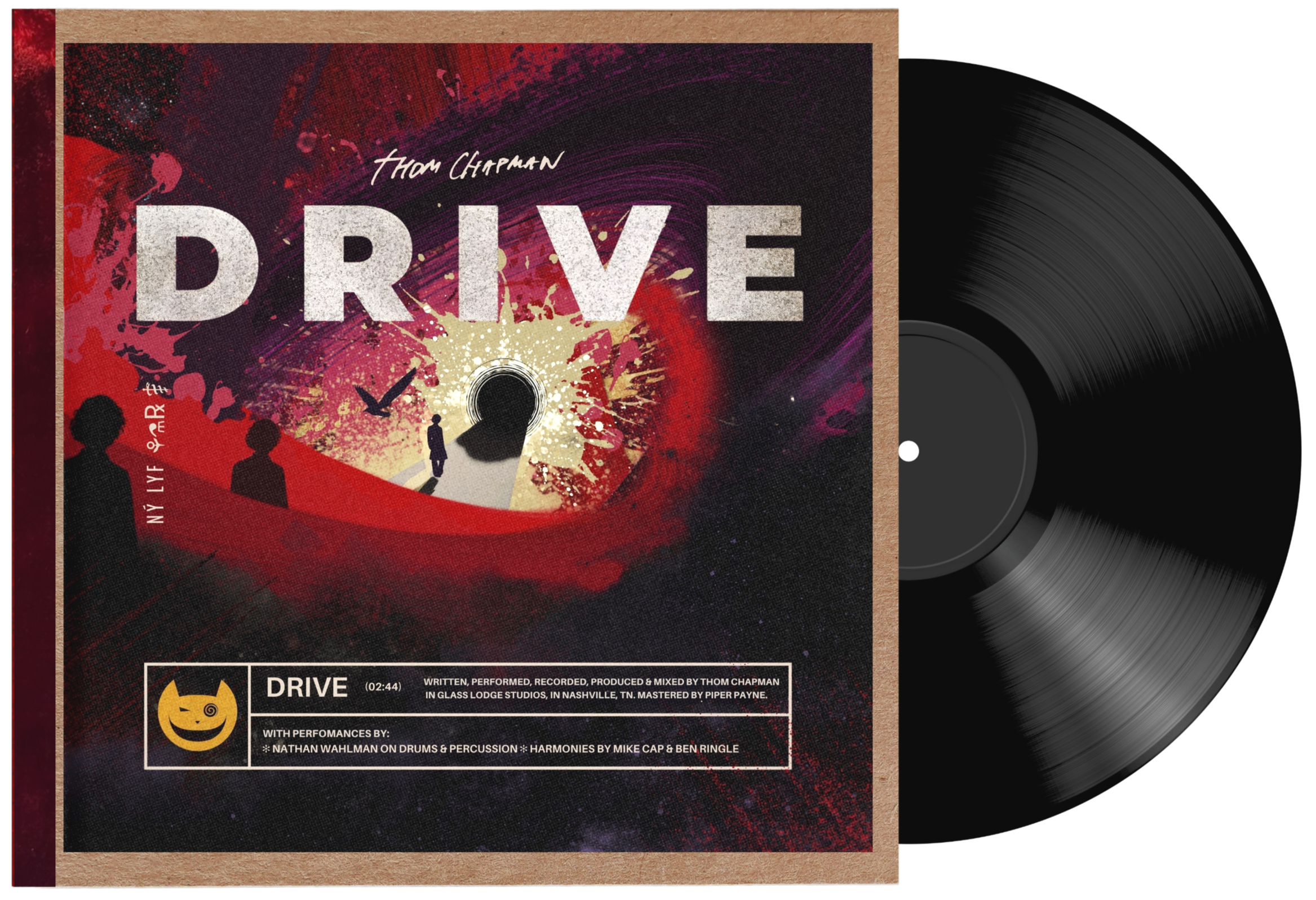 Album cover for Thom Chapman’s 'Drive', featuring a dark background with red, purple, and beige paint splashes, silhouettes of people, a large keyhole, and the title 'Drive' in bold letters.
