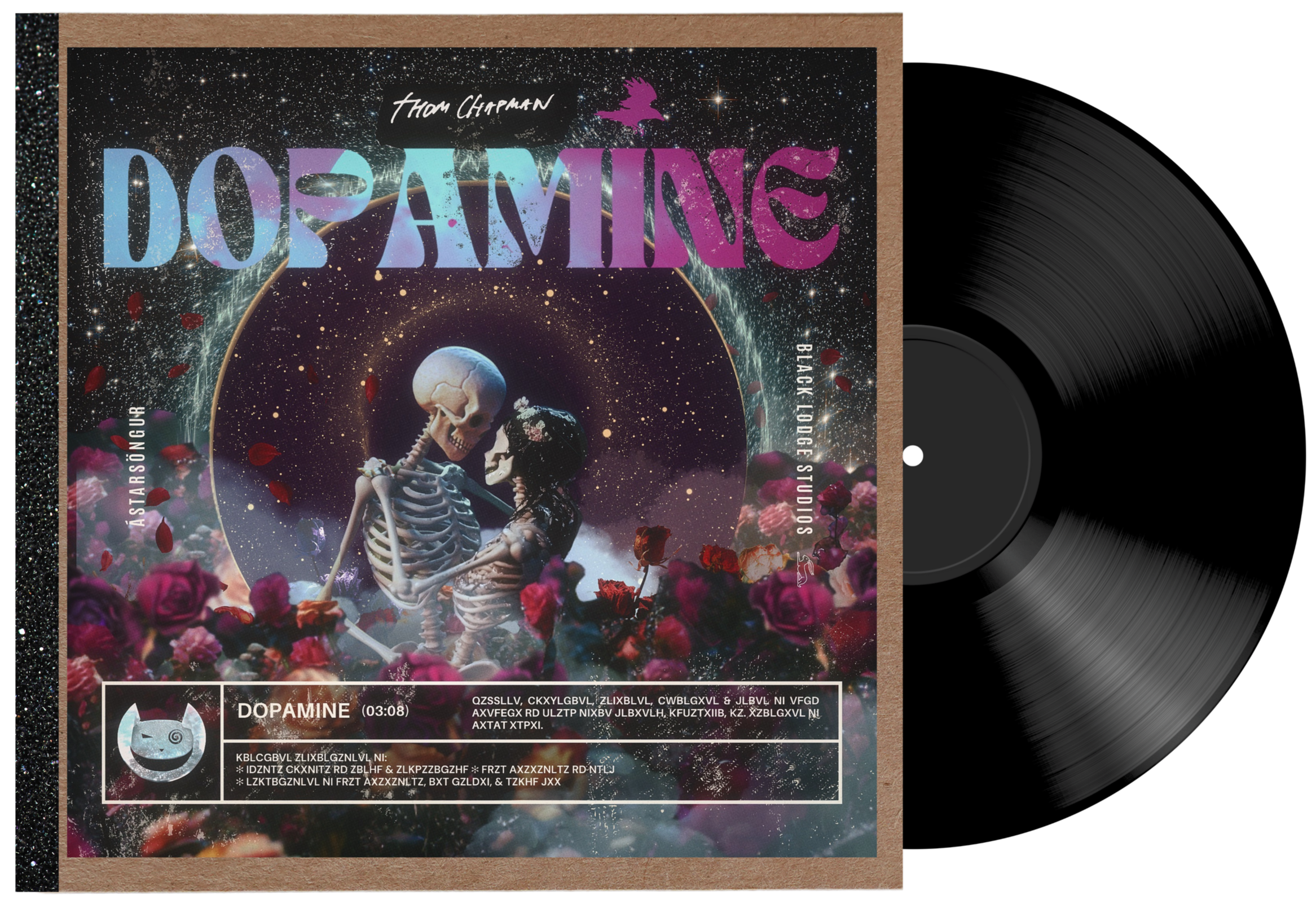 Vinyl record album cover titled 'DOPAMINE' by Thom Chapman. The artwork depicts a skeleton and a woman holding each other in a cosmic setting with stars, a galaxy, and rose petals. The album features a track called 'DOPAMINE' with a duration of 3:08.
