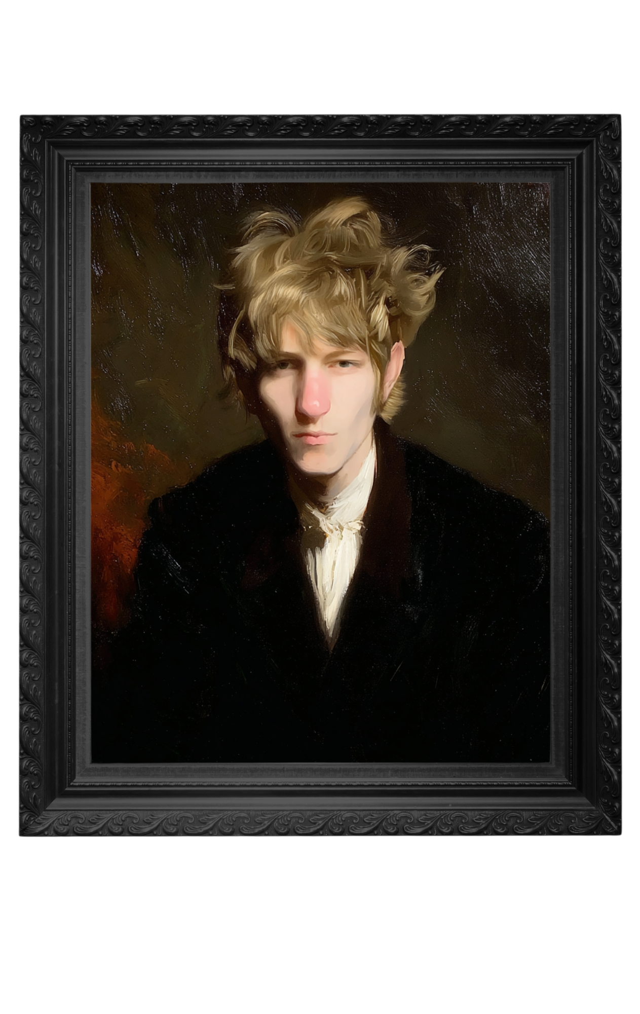 A painting of a man with tousled blond hair, wearing a black jacket and a white shirt, set in a dark ornate frame.