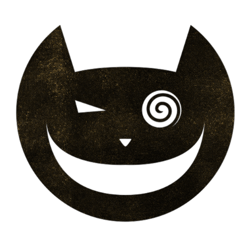 A black and gold textured circular logo resembling a mischievous smiling face with two pointed ears and spiral eyes.