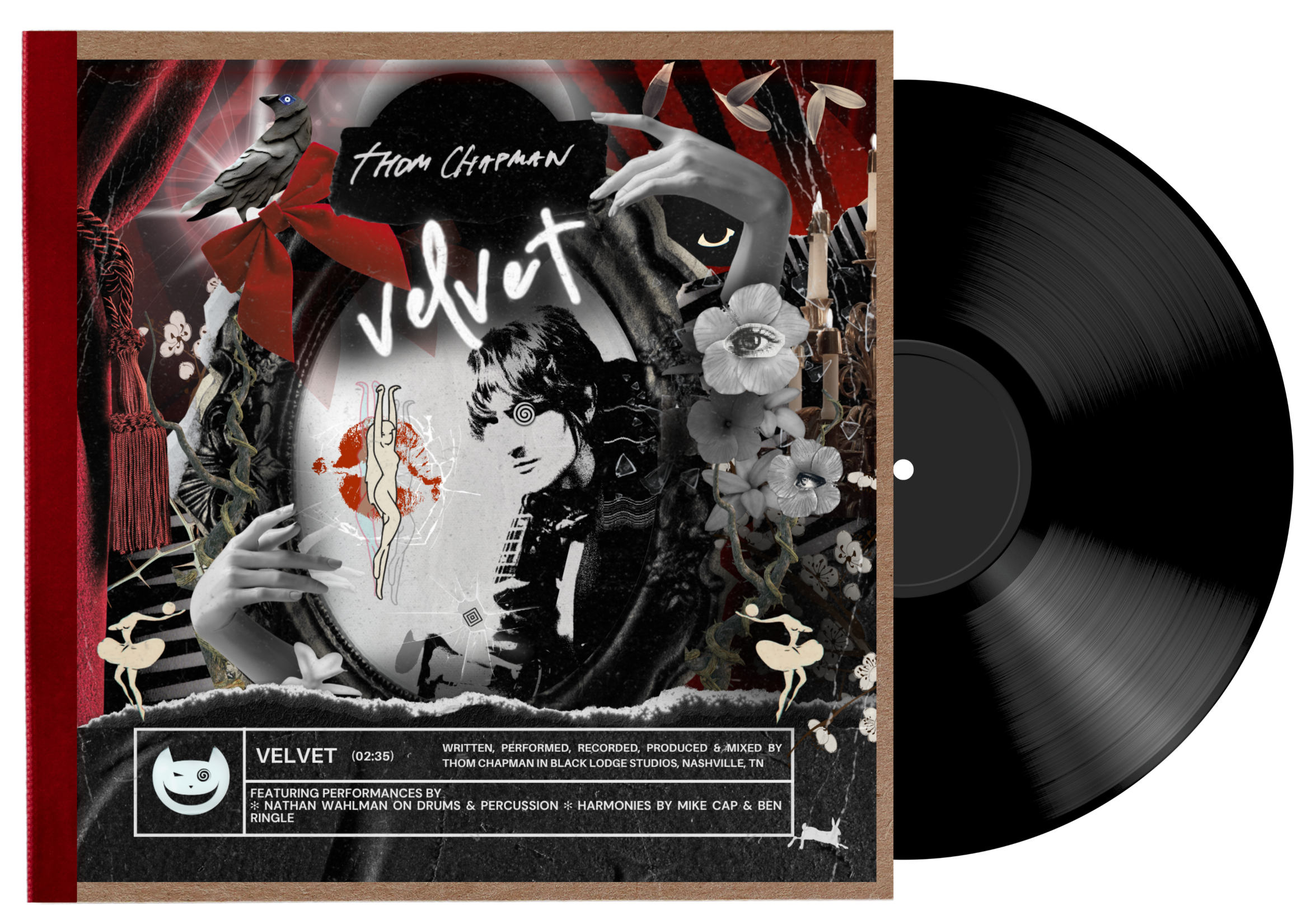 Album cover for Velvet by Thom Chapman, featuring collage art with a vintage mirror, a woman's face, black and white photos, flowers, small ballet dancers, a bird, and handwritten text.