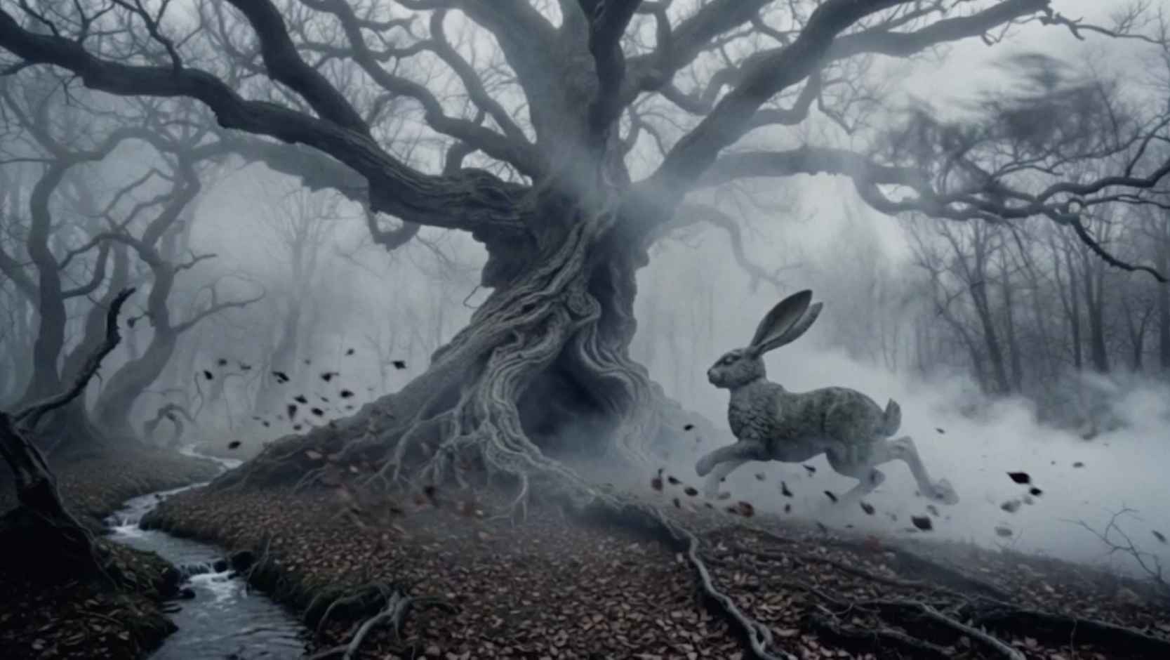 A fantasy scene in a misty forest with twisted, leafless trees over a small stream, a large ancient tree, and a rabbit with tall ears and textured fur running through falling leaves.