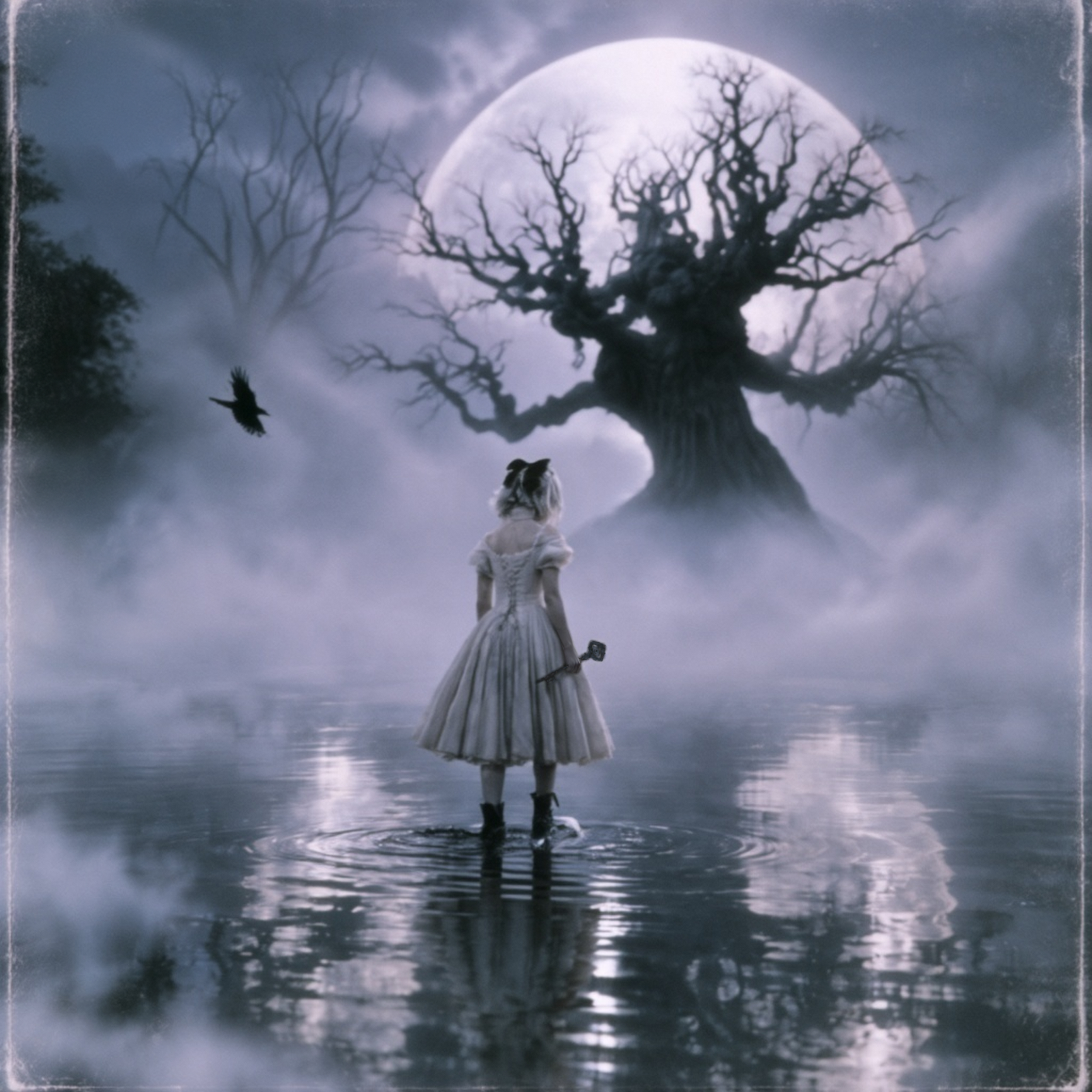 A person wearing a dress stands in shallow water near a large, leafless tree with twisted branches. The scene features a full moon in the background, casting a glow over the water, with birds flying nearby.